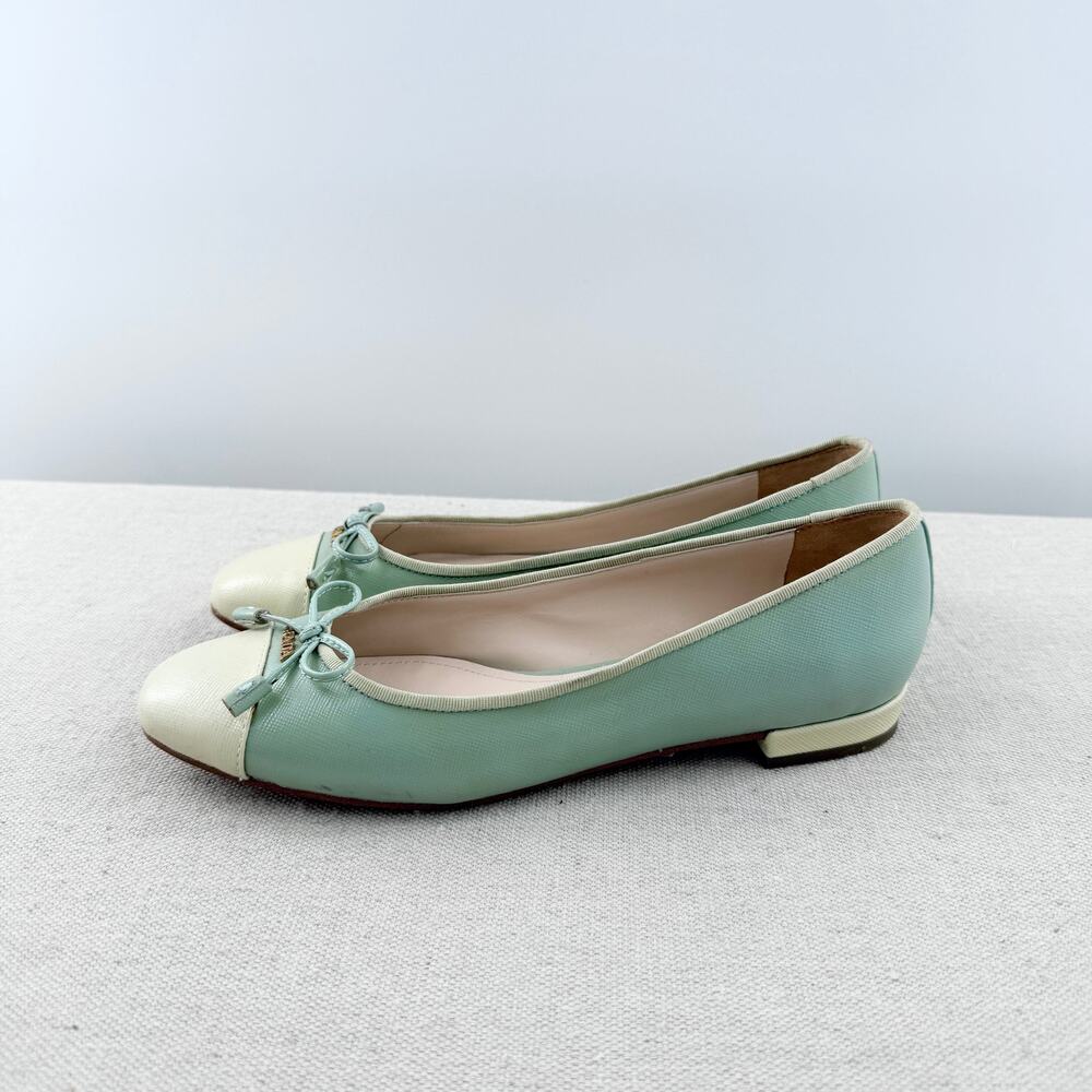 NWOT Prada Leather Cap Toe Slip On Ballet Flat Light Green White Women's EU 37